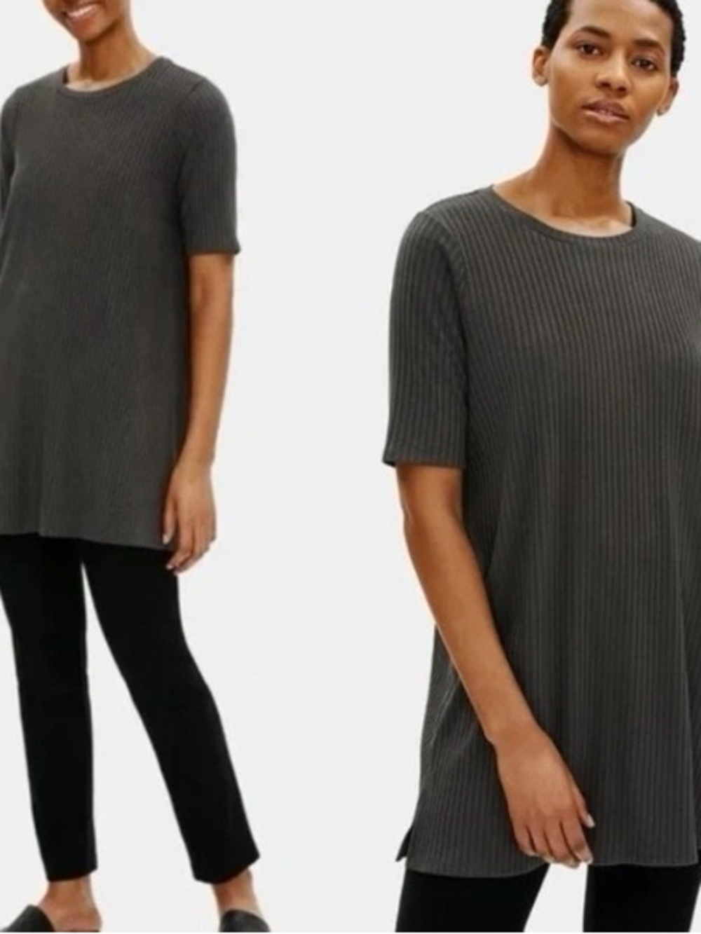 Eileen Fisher - Black Tencel Textured Stretch Rib Round Neck Tunic, Short Sleeve